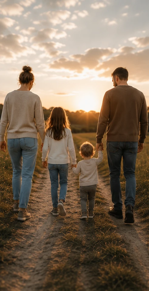 Familie spaziert bei Sonnenuntergang auf Feldweg