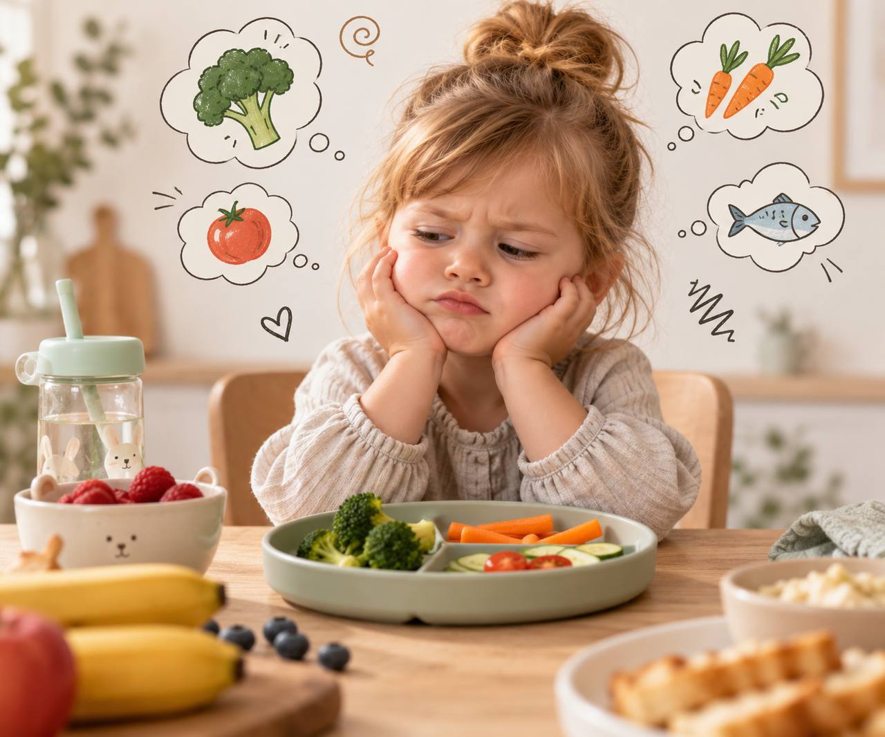 Kleines Mädchen schaut unzufrieden auf Gemüseteller